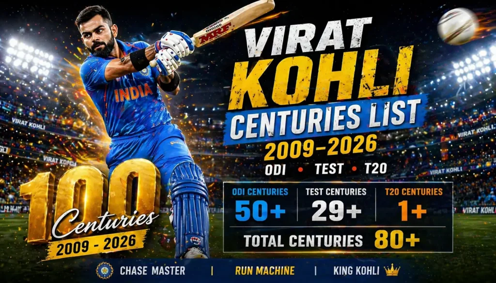Virat Kohli Centuries List (2009–2026) ODI, Test & T20