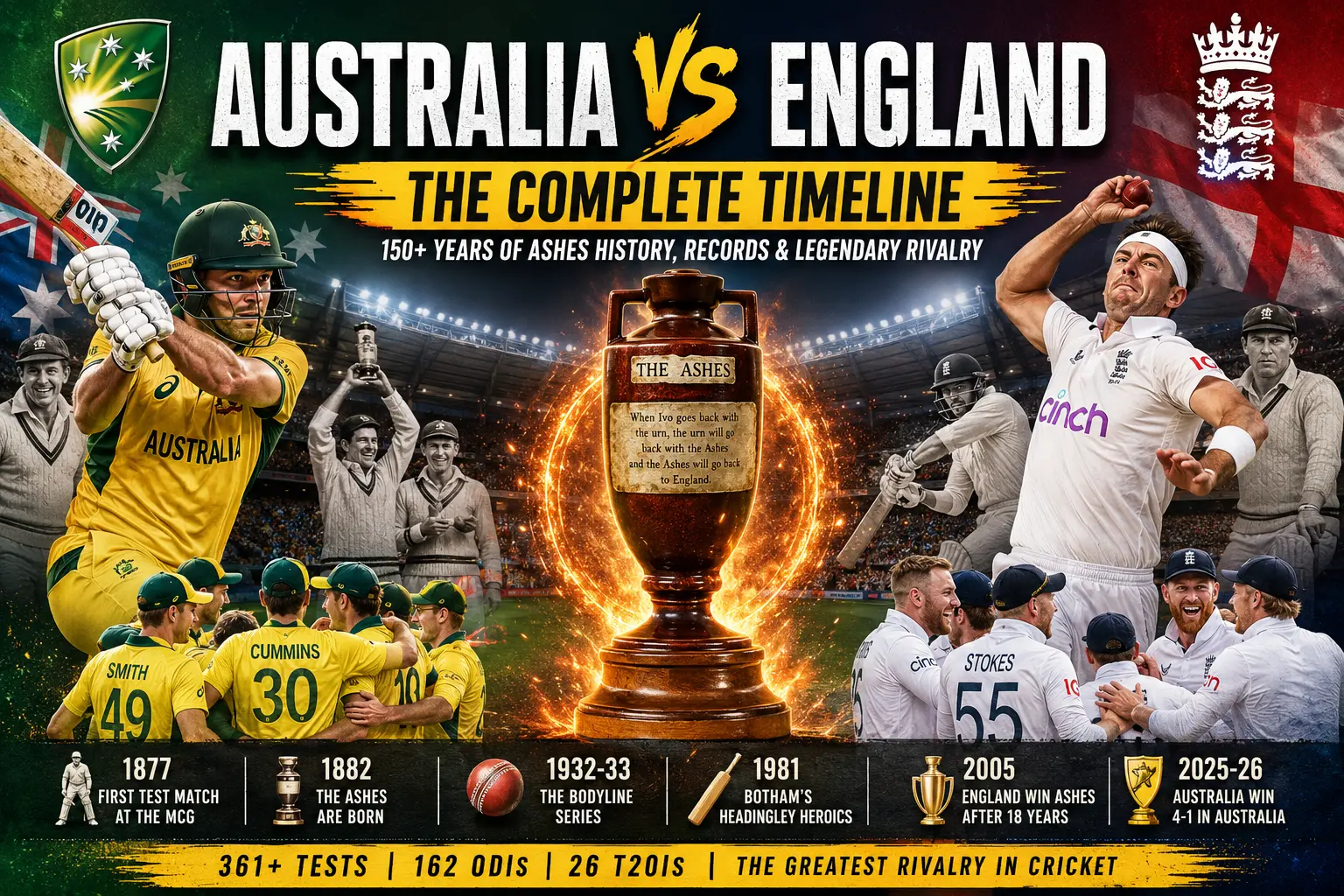 Australian Men's Cricket Team vs England Cricket Team Timeline