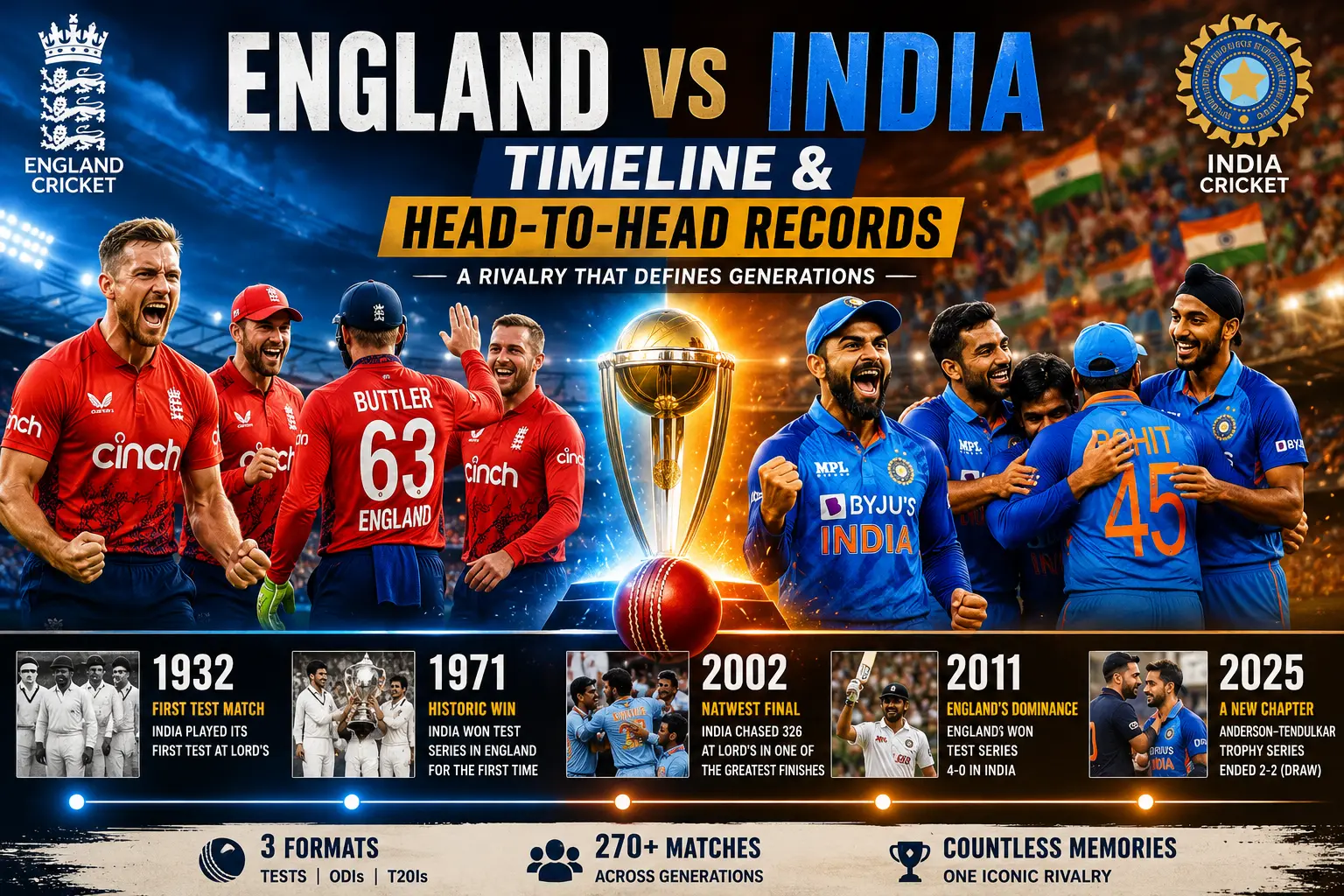 England Cricket Team vs India National Cricket Team Timeline & Head-to-Head Records (1932–2026)