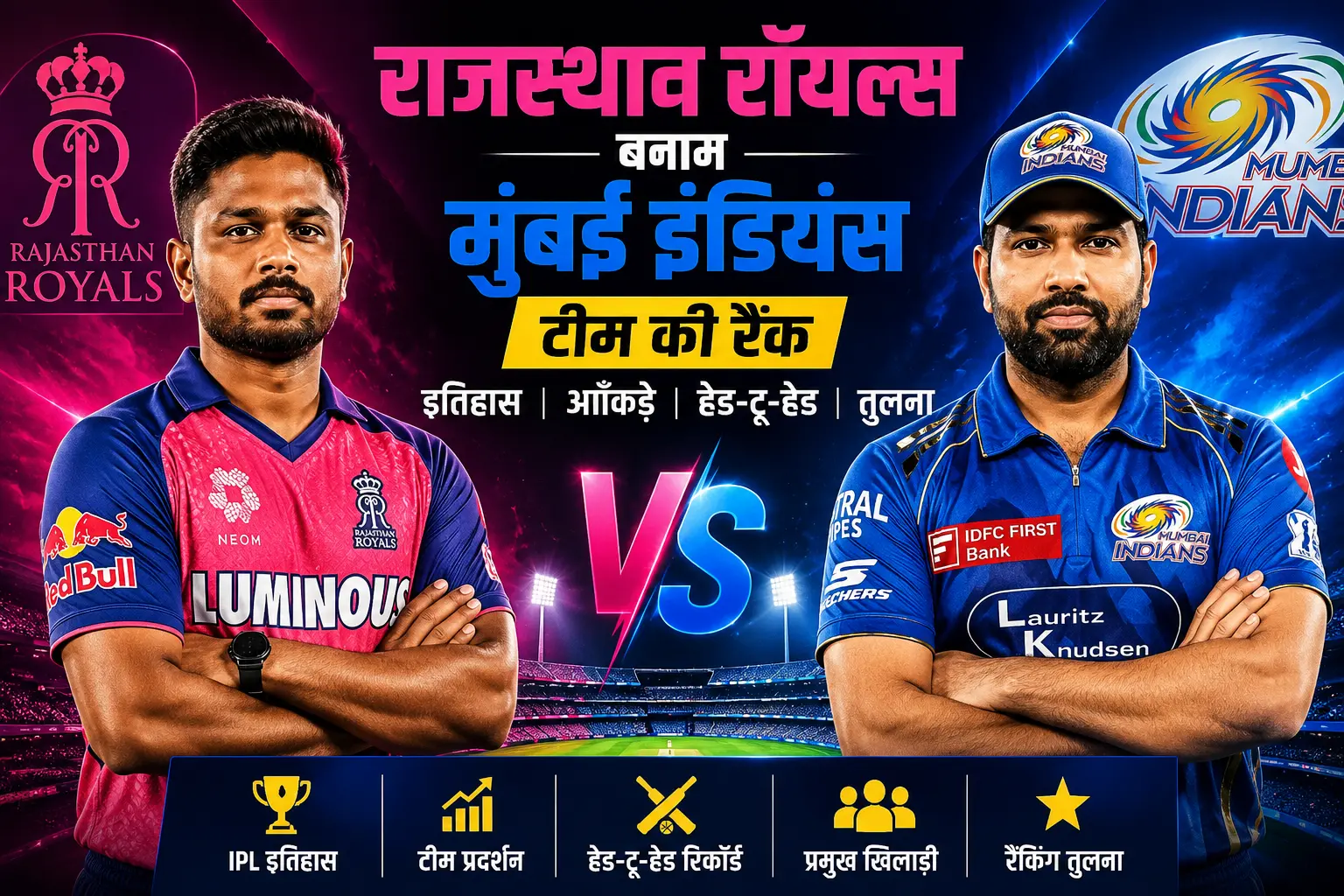 राजस्थान रॉयल्स बनाम मुंबई इंडियंस टीम की रैंक IPL इतिहास, प्रदर्शन, आँकड़े और तुलना