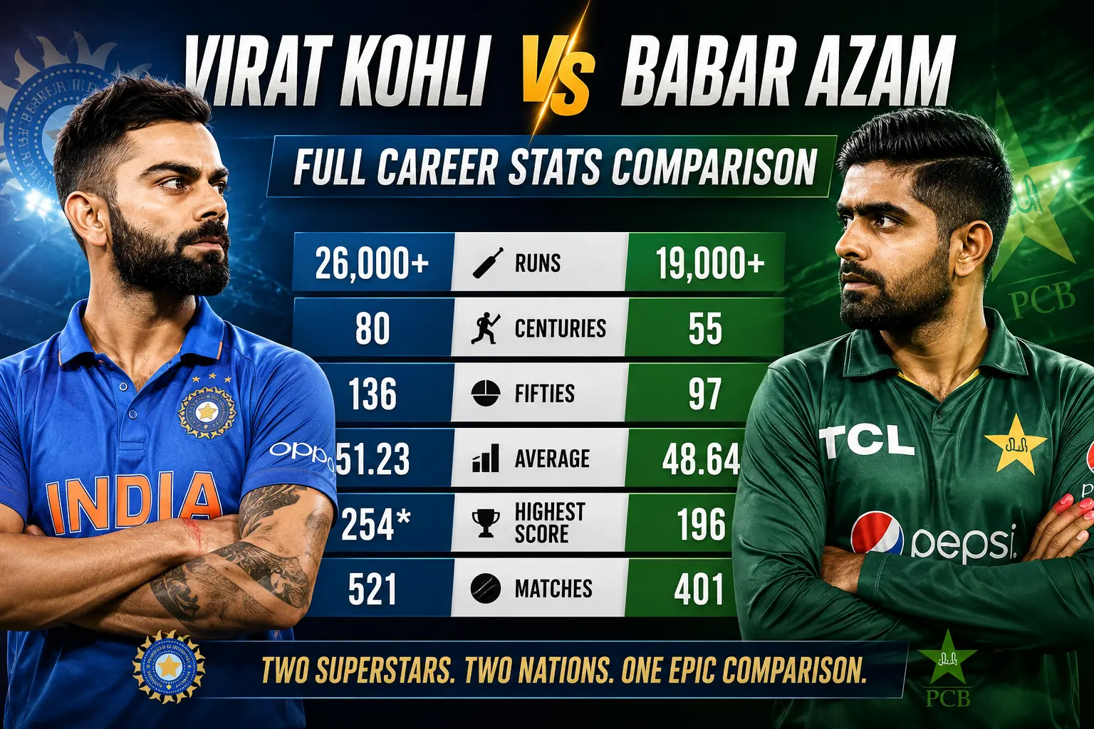Virat Kohli vs Babar Azam Full Career Stats Comparison